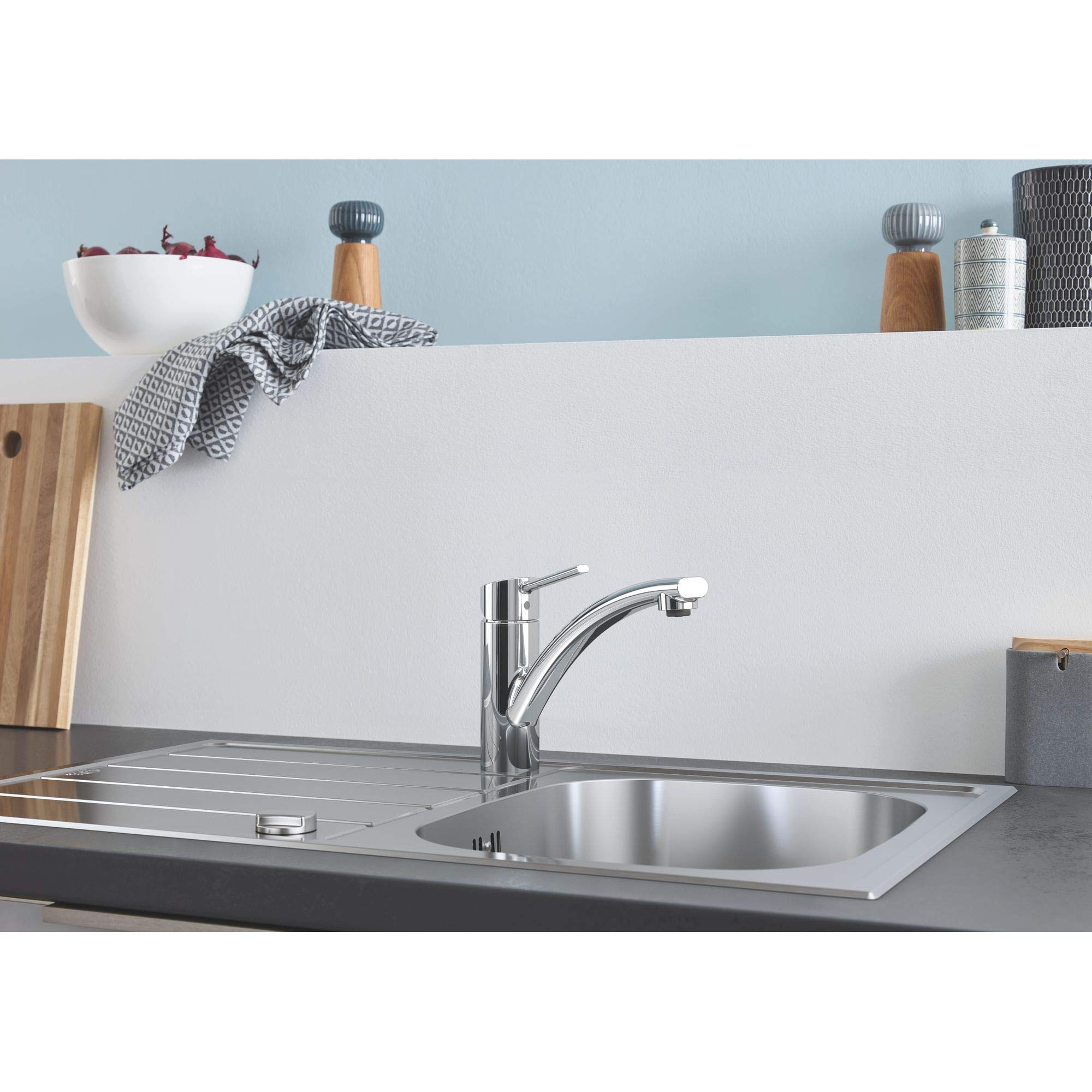 GROHE K200, Küchenspüle 1 Becken 86x50cm (Spülbecken links oder rechts einbaubar, Waschbecken für Unterschränke mit 45cm, mit Ablaufgarnitur, Siebkorb, Montageset), edelstahl, 31552SD1