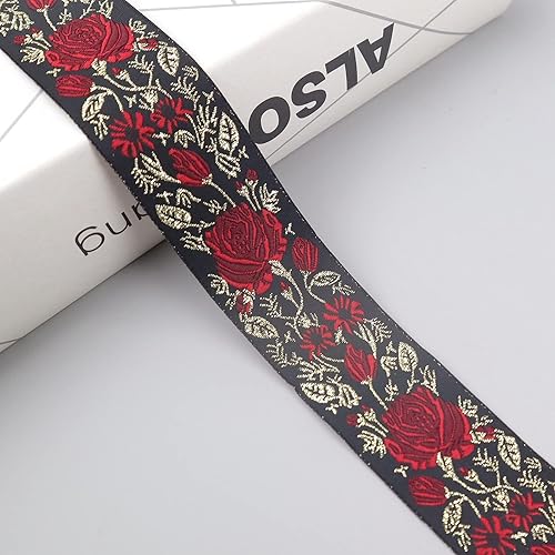 Miniatura 2 de IDONGCAI Cinta jacquard de flores de rosas bordados de encaje negro bordado DIY accesorios de manualidades 1.3 pulgadas de ancho 10 yardas