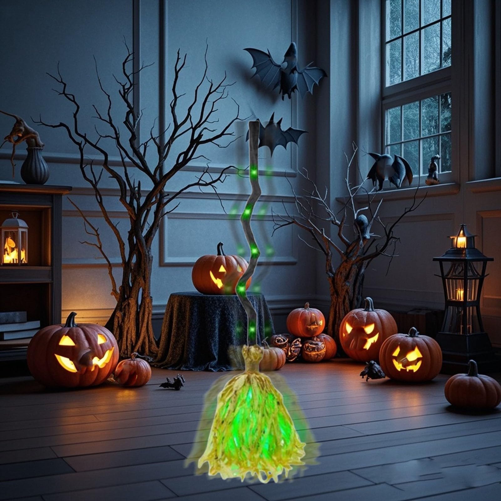 Animierter Halloween-Hexenbesen, beleuchteter beweglicher Besen mit grünem Leuchten, tanzender magischer Besen für drinnen und draußen, Veranda, Hof, gruselige Spukhaus-Dekoration, 90 cm (2)