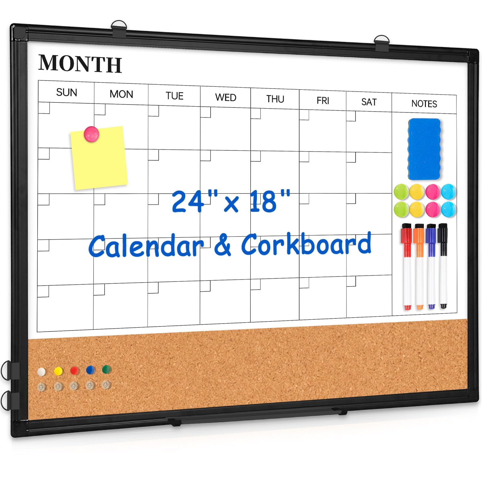 Monthly Calendar Whiteboard Dry Erase Cork Board Combo, 24" x 18" Magnetic Double-Sided Calendar White Board and Bulletin Board with Black Aluminium