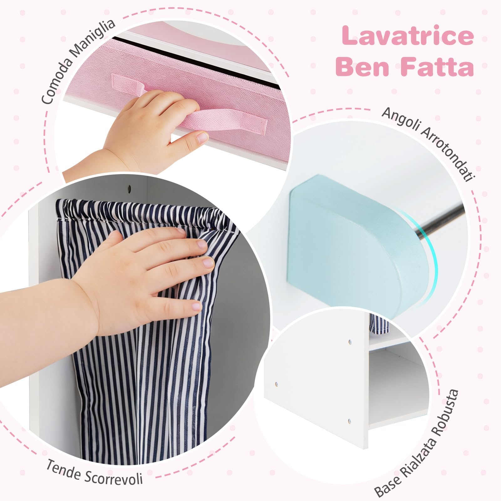 COSTWAY Lavatrice Giocattolo per Bambini, Set Gioco Lavanderia in Legno con Lavatrice, Asciugatrice, Rubinetto e Accessori, Simulazione Elettrodomestici, Giocattolo Educativo 3+ Anni, 89 x 30 x 88 cm