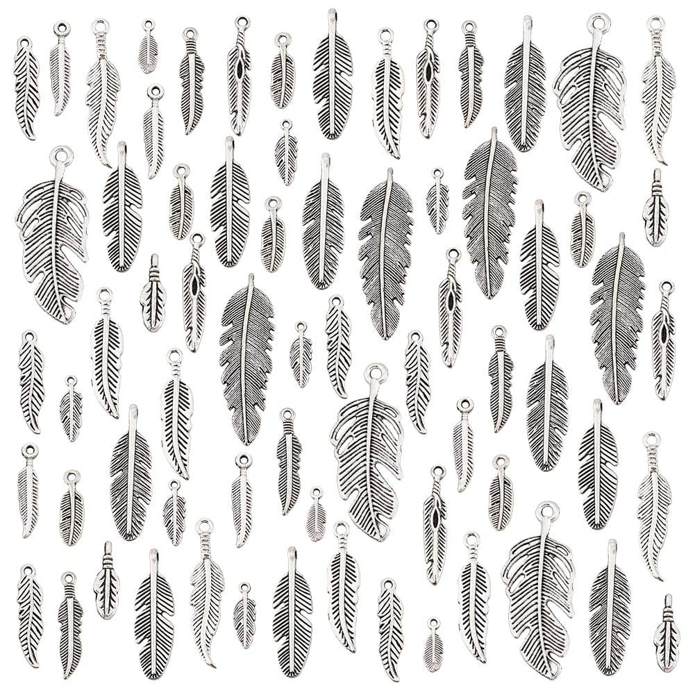 PH PandaHall 84pcs 14 Styles Feather Charms Pendants, Antique Silver Feathers Pendants Tibetan Style Metal Charm Beads for Dreamer Catcher Earring Necklace Bracelet Native Jewelry Making, 12~40mm