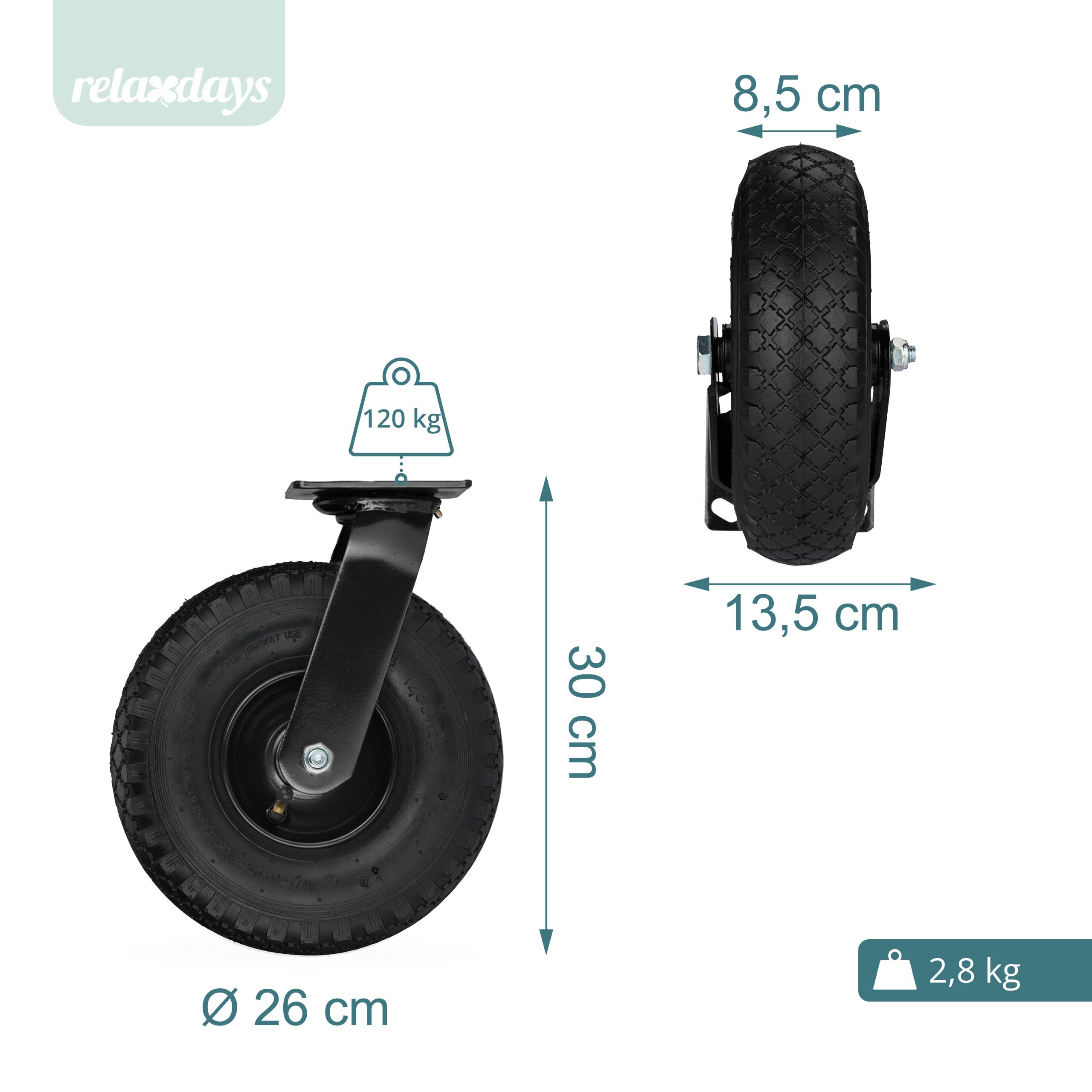 Relaxdays 2X Bockrolle + 2X Lenkrolle Set, luftbereiftes Schwerlastrad 3.00-4, Transportrollen Platte 120 kg, schwarz