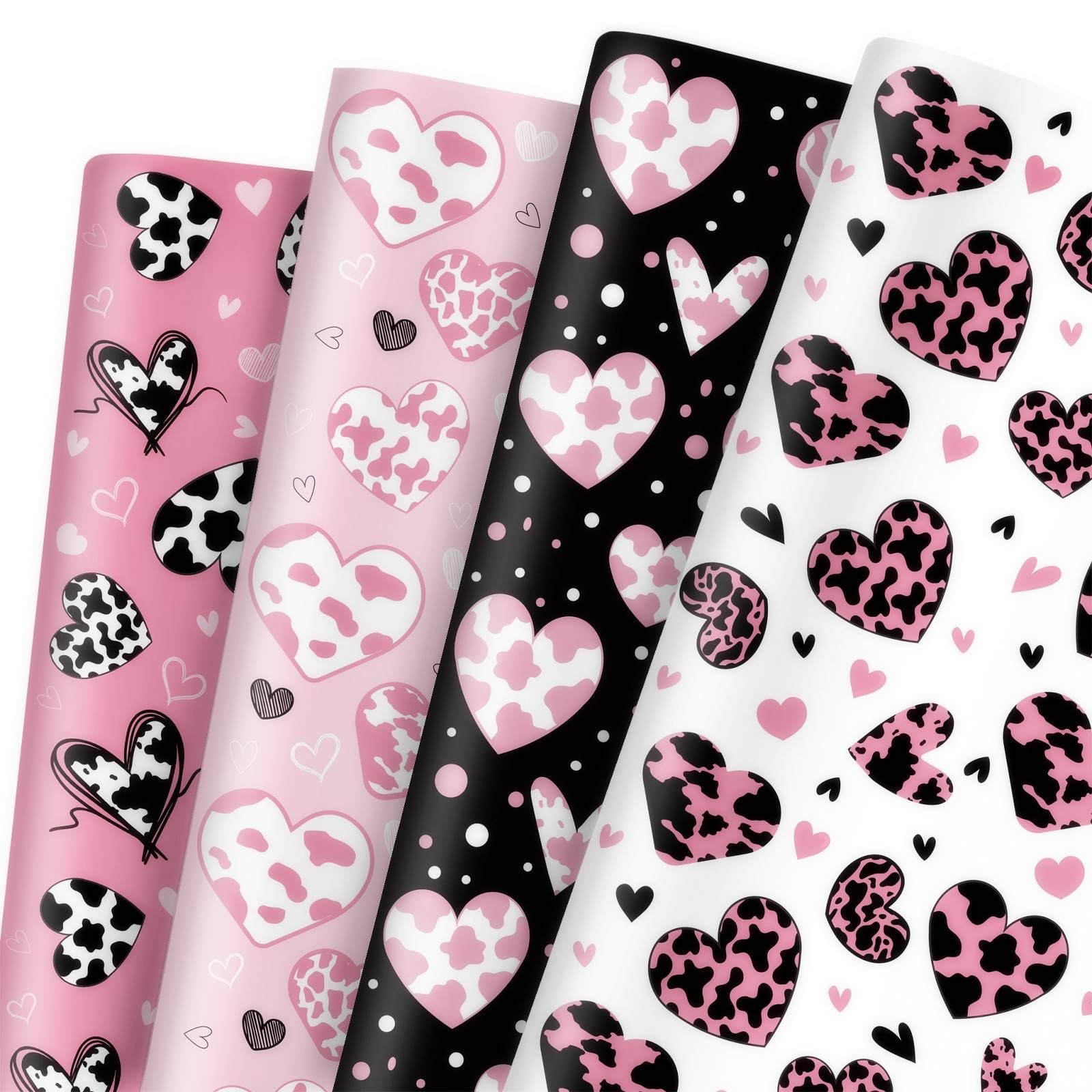 GleeWrap Heart Wrapping Paper, 12 Sheets Cow Print Heart Gift Wrap for Girls Women Birthday Wedding, 50 x 70cm