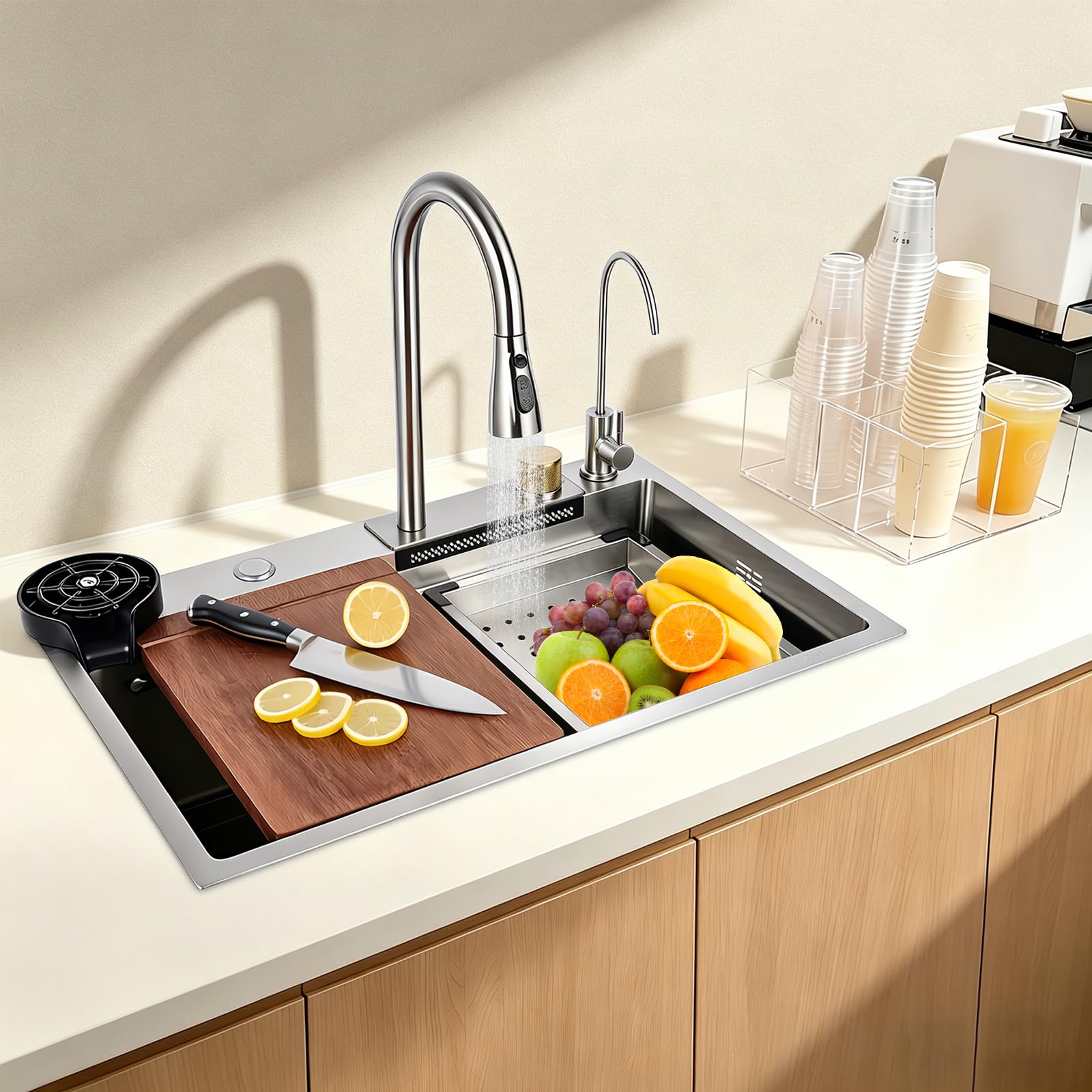 Fregadero de cocina 68 × 35 × 21 cm, acero inoxidable 304, 4 modos, juego completo | Grifo extensible con diseño de doble etapa, incluye 5 puntos de montaje preperforados, sifón y sistema de filtro
