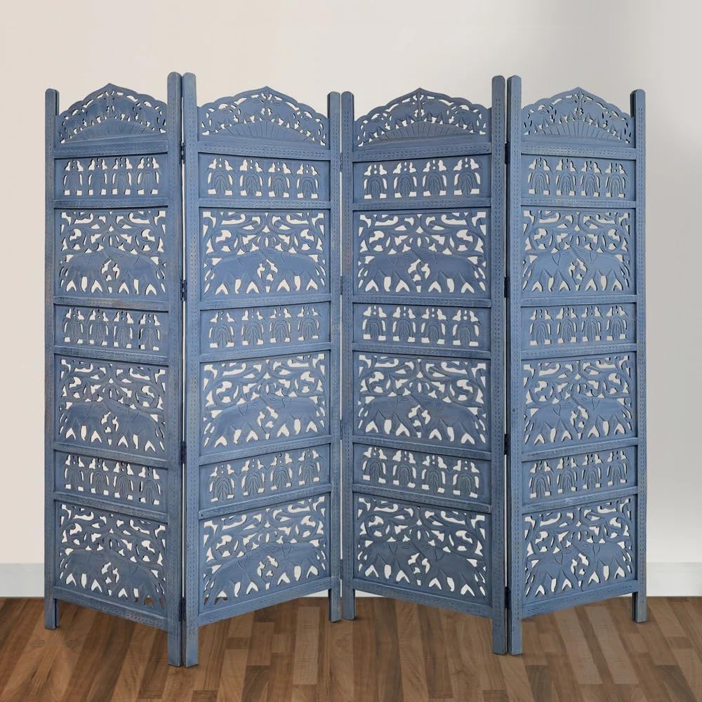 Wooden Room Divider Wood Floor Screen 4 Folding Panel 72x80 - Portable Reversible Functional Decorative Partition (Blue, Large, 4 Panels)-image-17