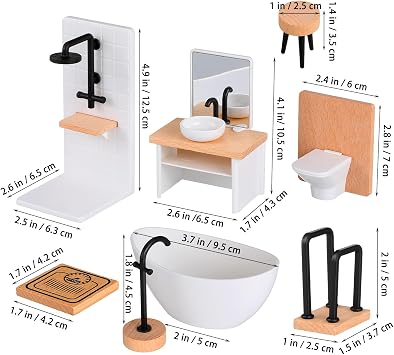 Sewroro Dollhouse Bathroom Set 1/12 Scale Doll House Bathroom Furniture with Toilet Bathtub and Sink Miniature Shower Room Prop for Doll House Accessories Play Decor and Photo Props