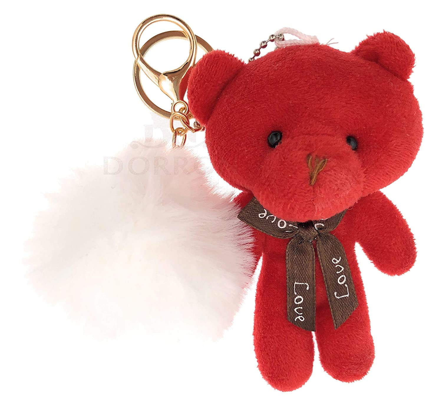 DORRON iAccessories Fluffy Faux Fur Pom Pom Teddy Key Ring Keychain for  Girls Bag Scooty Bike Car (White_Red)