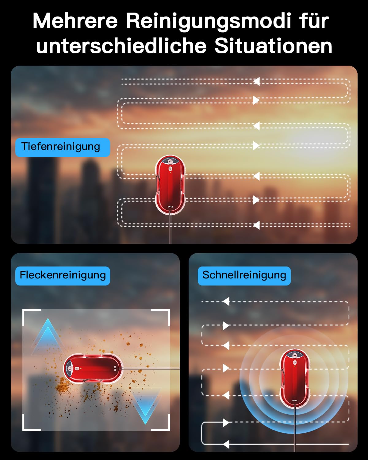 BNZ Window Cleaning Robot, K1, Red, Fensterreinigungsroboter - Automatisches Zwei-Wege-Sprühsystem mit dreifachem Sicherheitssystem, intelligenter Navigation, Fernbedienung
