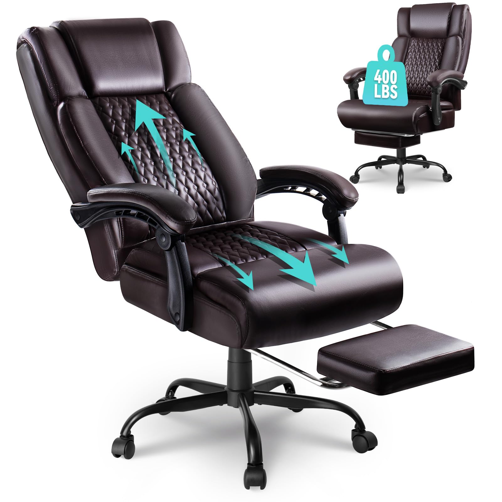 LEMBERI Office Chair with Foot Rest, Heavy Duty 400lbs Big and Tall Office Chair, Executive Ergonomic High Back Design PU Leather Computer Desk Chairs (Brown)