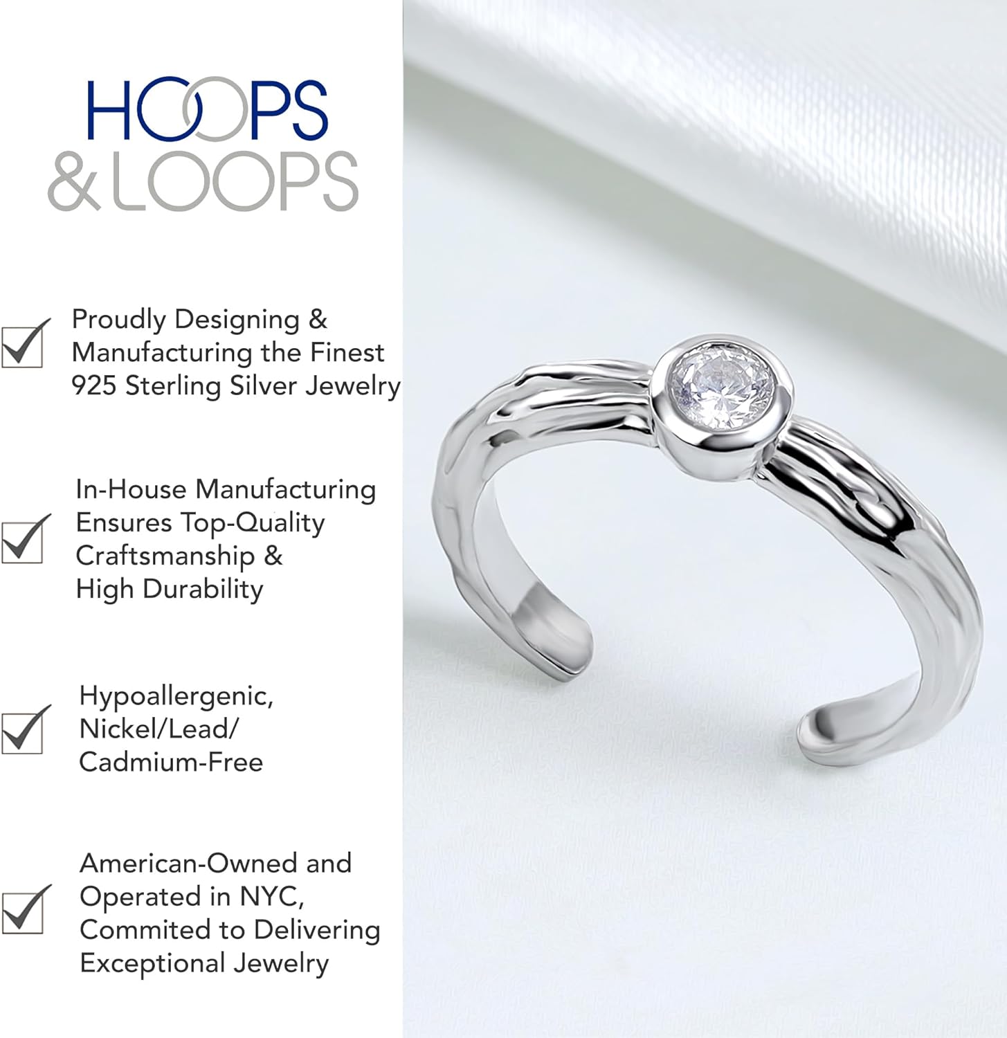 Hoops & Loops 925 Sterling Silver Cubic Zirconia Bezel-Set Hammered Open Toe Ring for Women Men