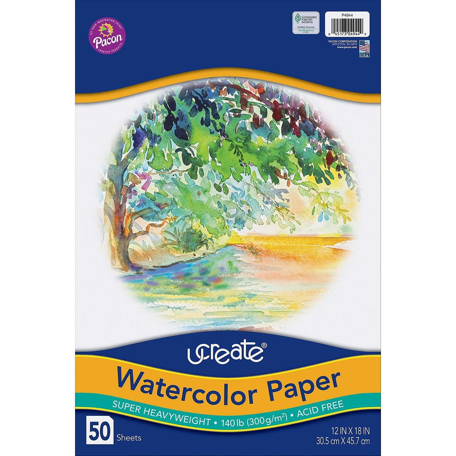 UCreate Watercolor Paper, 140 lb., 12-inch x 18-inch, White, 50 Sheets (PAC4944)