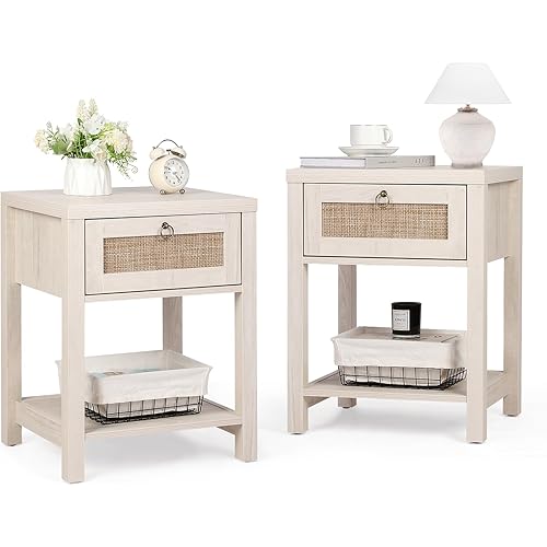 VOWNER White Rattan Nightstand Set of 2, Wood Night Stand with Vintage Metal Pull Handle, 2 PCS Bedside Table Boho End Tables with Storage, Side Tables Shelf for Bedroom, Small Space