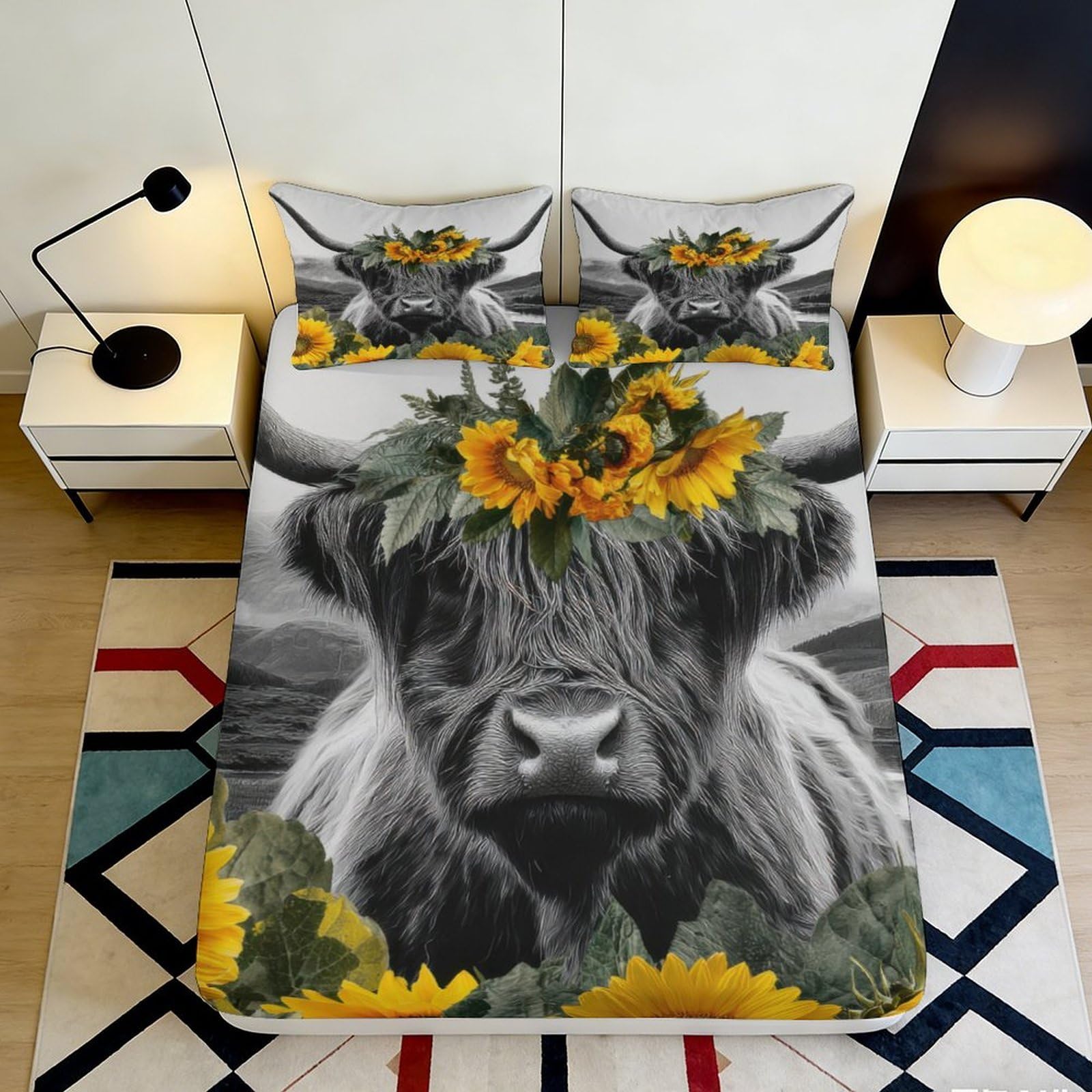 3D Printed Highland Cow Sunflower Fitted Sheet Microfiber Slip-Resistant Bed Cover Machine Washable Bedroom Decor 180x200x25cm