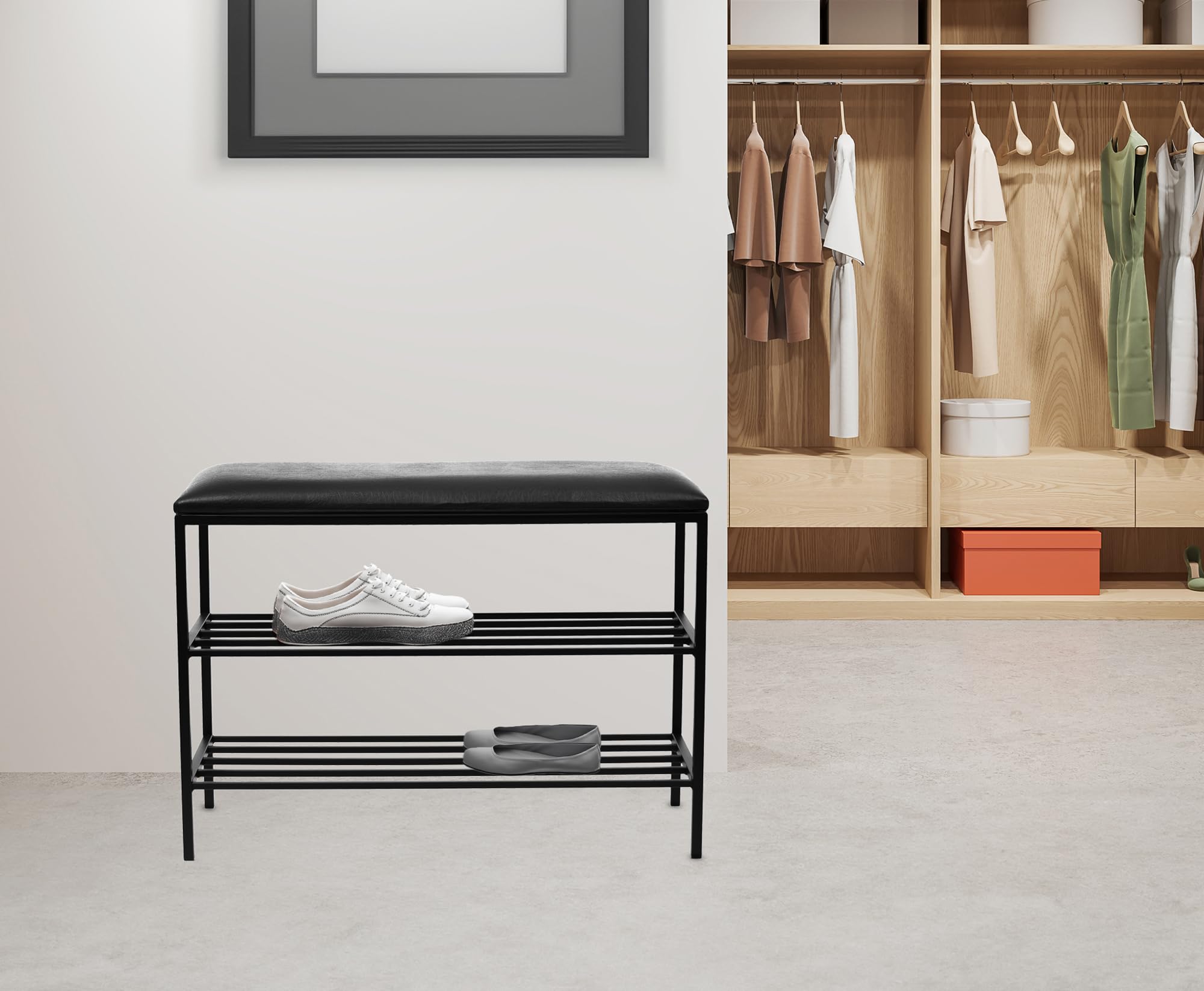 Ławka na Buty z Siedziskiem - Stojak na Buty - 75x30x55cm - z Metalu, 2 półki, bez Montażu - Ławka do Przedpokoju POSTO Czarny z Czarnym Siedziskiem ze Sztucznej Skóry, 15mm Metalowa Rama