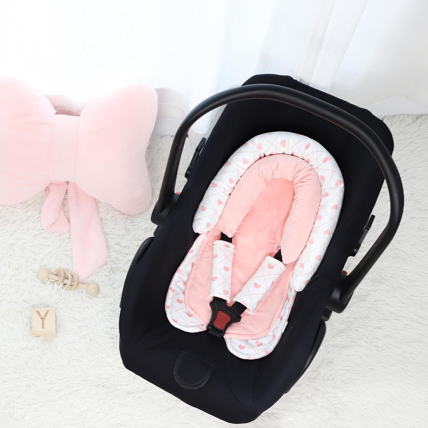 Infant Car Seat Insert, Baby Car Seat Head & Body Support with 2 Straps Pads, Ultra Soft Newborn Preemie Carseat Insert Cushion for Girls Boys, Fits Car Seat, Stroller, Swing, Bouncer, Pink