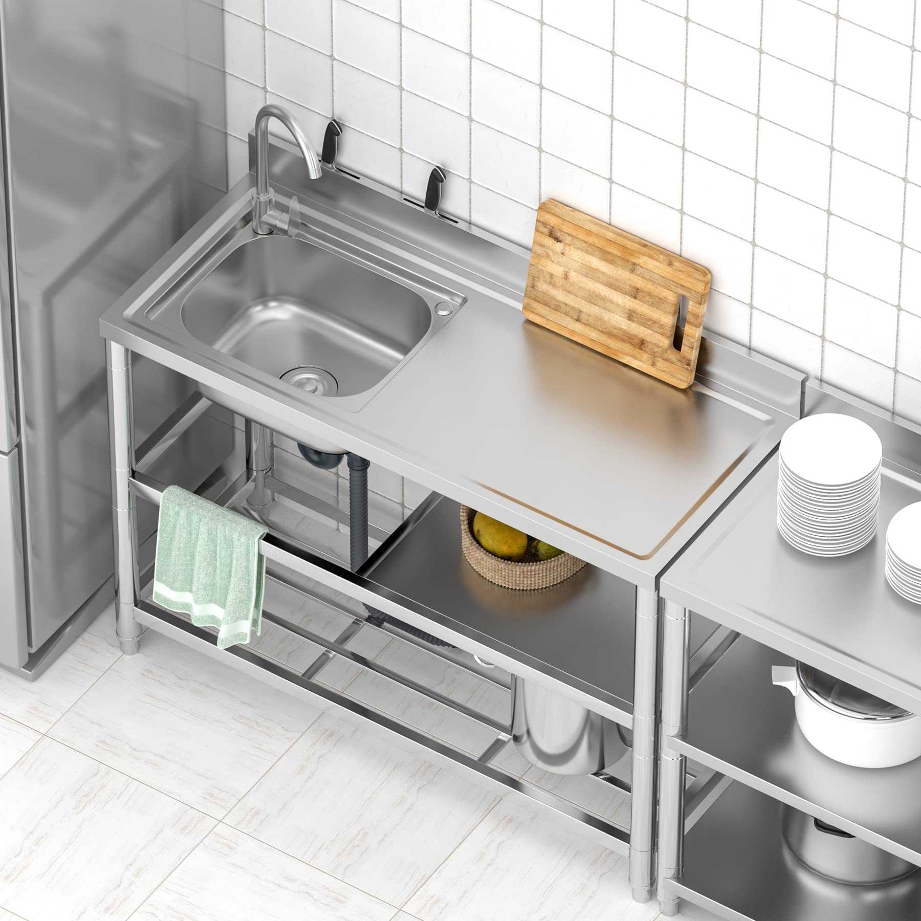Freistehende Edelstahl Spültisch Gastro 1 Becken (Links), 120×50×94 cm Gewerbliche Spülbecken mit Wasserhahn mit Kalt und Warmwasserschläuchen, Ablassvorrichtung, für Außen, Innen, Küche, Restaurant