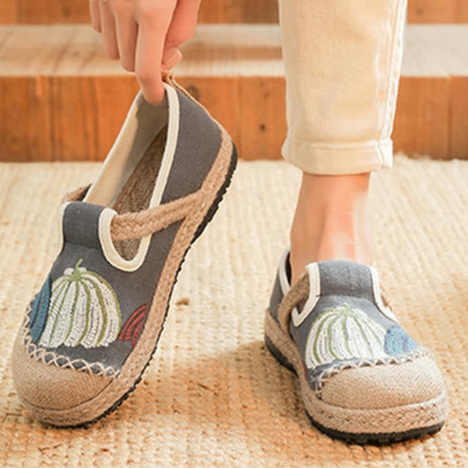 Zoccoli Sanitari Donna Donne Ricamato Fiore Piatto Scarpe da Sposa Casual Driving Walking Loafers Scarpe Traspiranti di Tela di Lino-Grigio-Trentasette