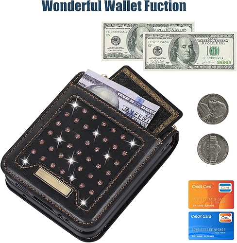 Miniatura 3 de Asuwish Funda de teléfono para Samsung Galaxy Z Flip 4 5G 2022 Funda tipo cartera y ranura para tarjetas de cuero con purpurina accesorios para