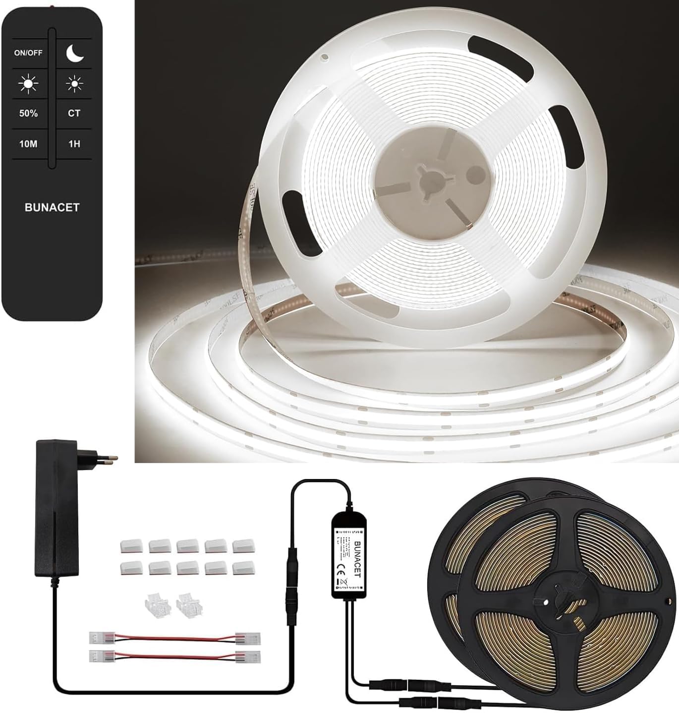 BUNACET COB LED Strip Lights Dimmable 12M 24V, Bright COB Light Strip Kit Cool White 6500K with RF Remote & Power Supply, 2880LEDs, CRI90+ Dotless COB LED Tape Light for Bedroom Cabinet Home Decor