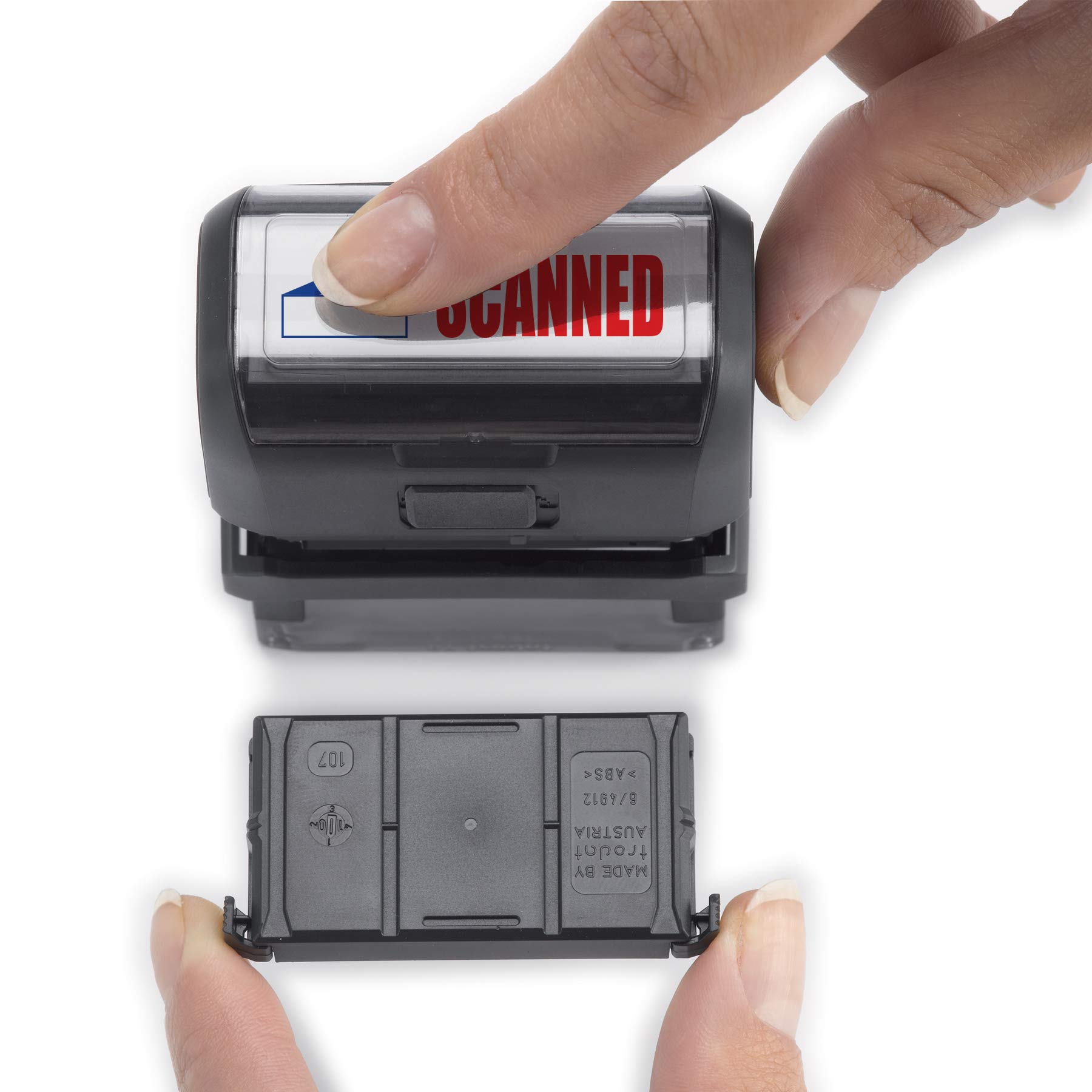 Trodat Timbro 4912 Office Printy con testo inglese scansionato – inchiostro autoinchiostrante, rosso e blu, dimensione dell'impressione 3/4" x 1-7/8"