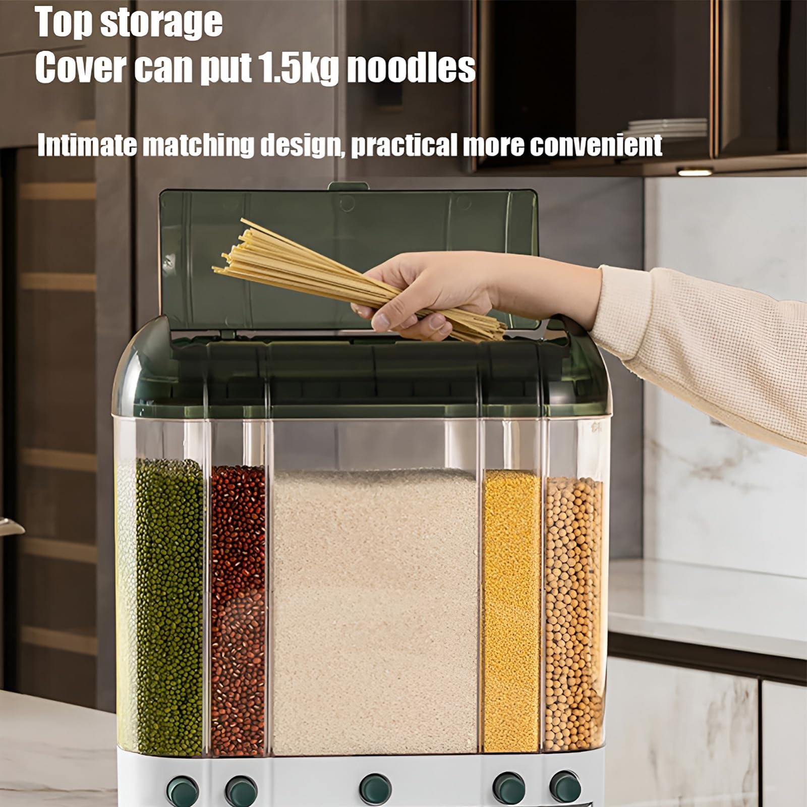 Dispensador de alimentos secos, dispensador de arroz de granos, dispensador de cereales de 5 rejillas con deflector extraíble de doble capa para organización de despensa y almacenamiento de cocina