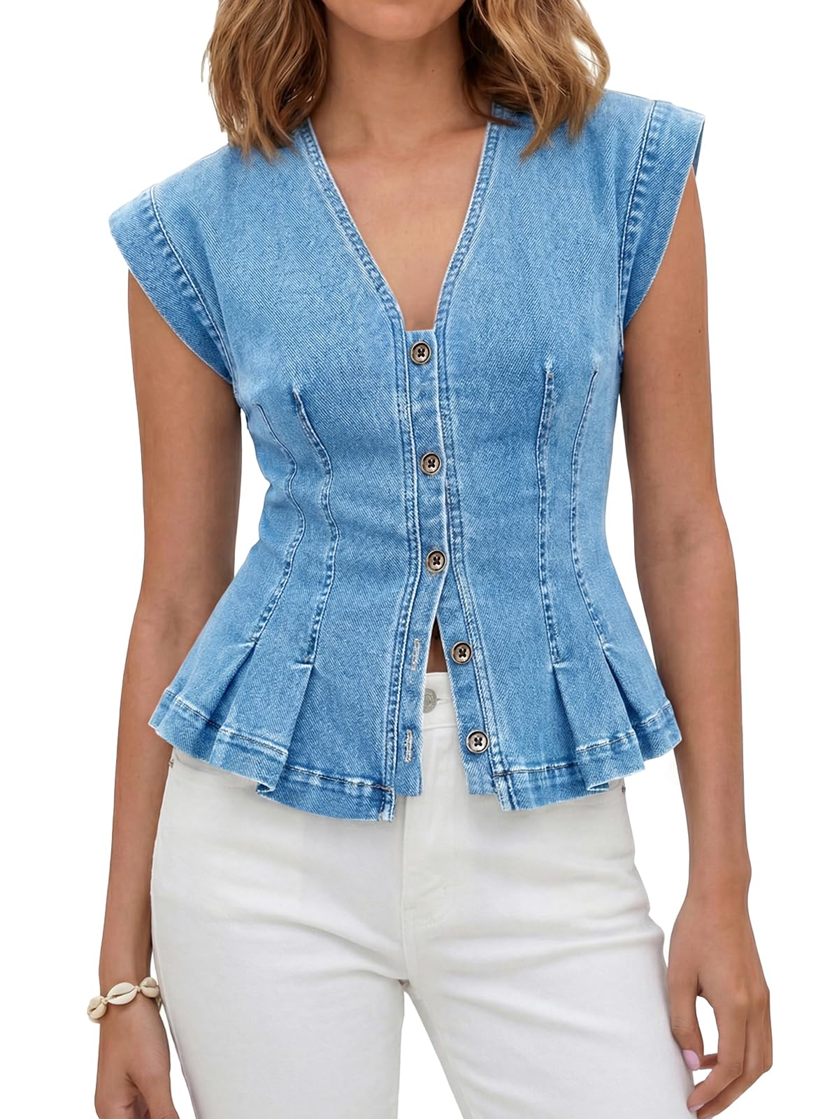 tankaneo Womens V Neck Denim Vests Tops Trendy Summer Casual Button Down Y2k Fitted Pleated Sleeveless Jean Tops-picture-19