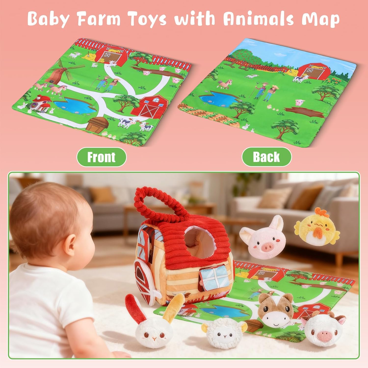 Baby Toys for 6-12 Months, Barn Stuffed Farm Animals with Sounds & Ring, Plush Animals Toys Have Mirror Montessori Educational Toys Sensory for Developmental for Infants & Toddler Toy Gift