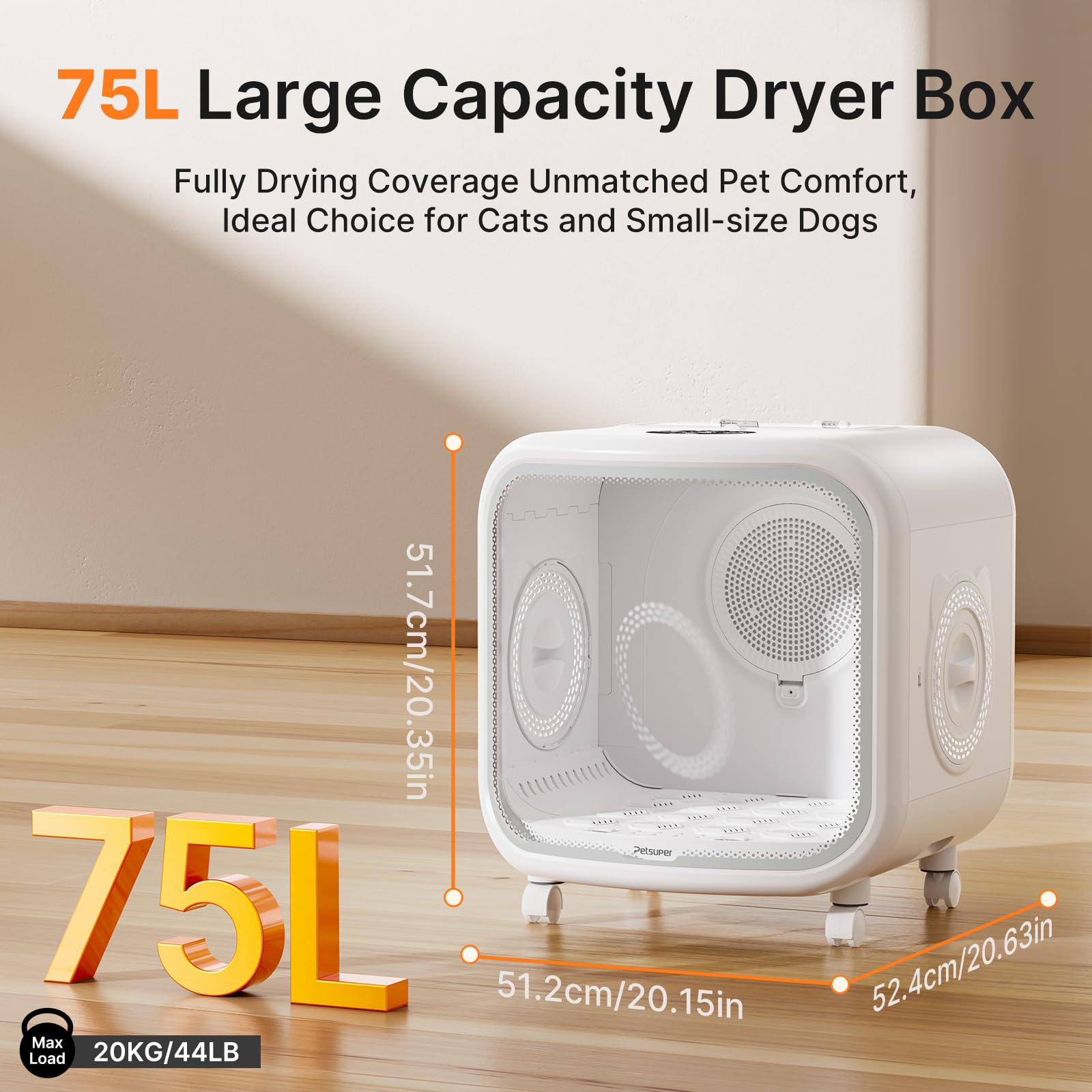 Petsuper Automatic Cat Dryer Box 75L Extra Large Capacity Ultra Quiet Fast Pet Hair Drying Box Smart App Control Temperature and 360° Drying for Cats and Small Dogs