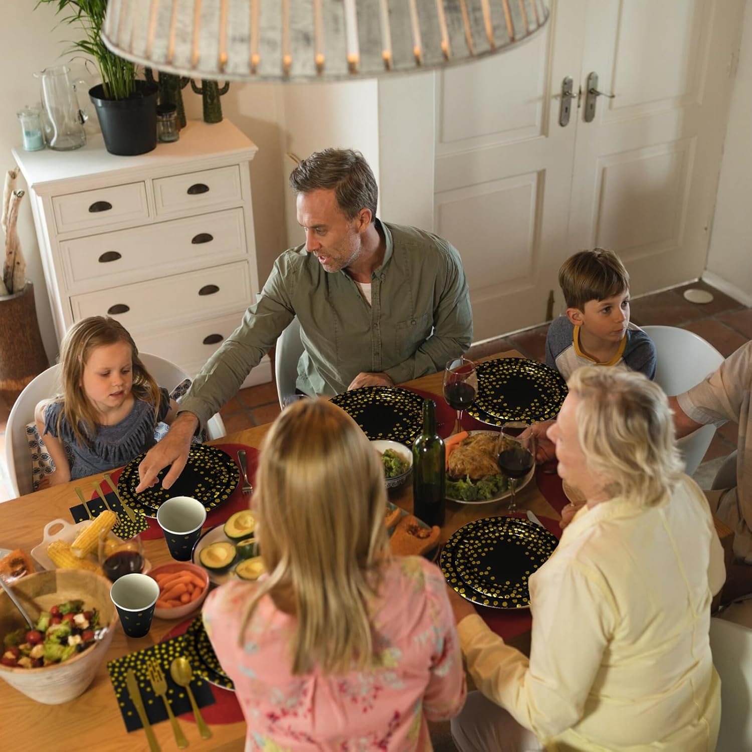 Disposable Plates for Party 50 Sets, Holiday Paper Plates and Napkins w/Cutlery & Cups, Heavy Duty Golden Dot Black Paper Plates and Napkins Cups for Baby Shower Birthday Wedding