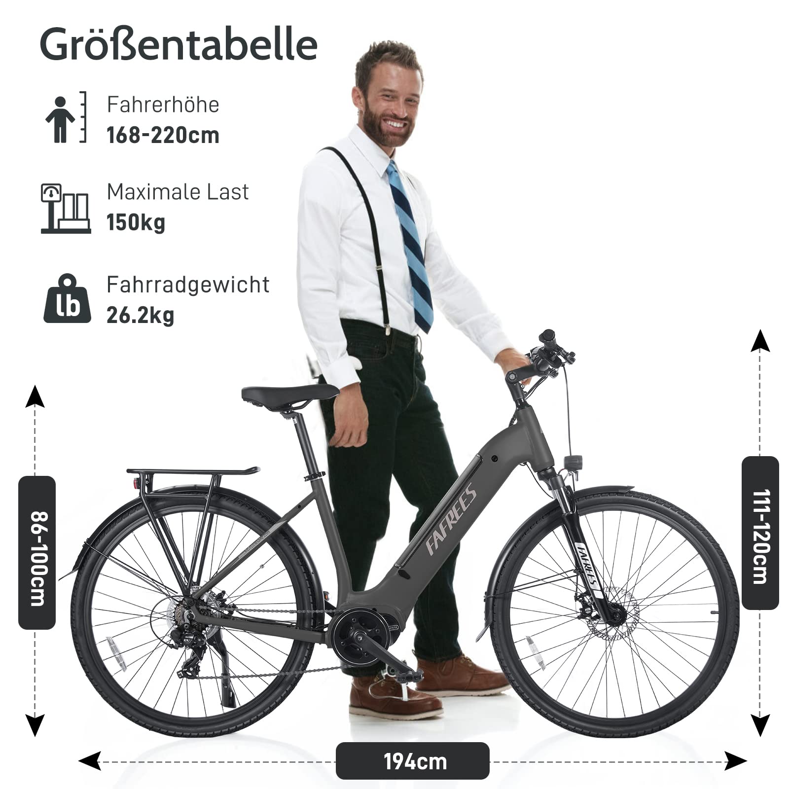 Fafrees [ Offiziell FM9 E Fahrrad Citybike Damen Ebike Mountainbike BAFANG Mittel Motor 250W, Elektrofahrräder Herren 150kg 700C*45C 15Ah/540Wh Akku, E Bike Elektrofahrrad Erwachsene Shimano 7S Sport & Freizeit