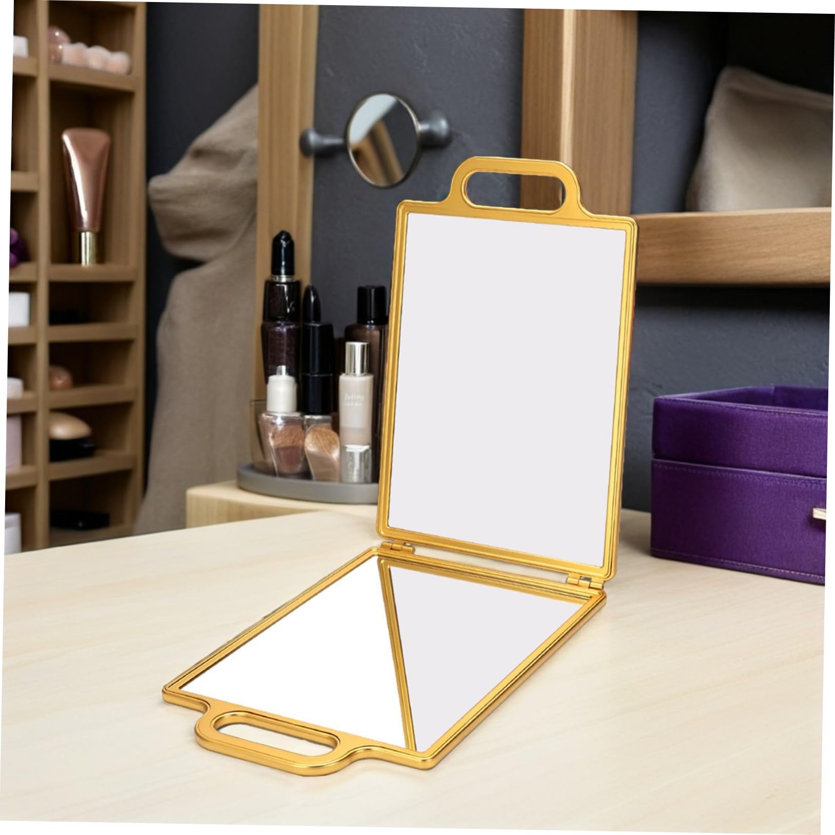 Gatuida Doppelseitiger Faltbarer Frisör Spiegel Gold Kompakt Tragbar Präzise Spiegelung Professionelles Hairstyling-Tool für Friseure und Make-up Stilvoll für Reise und Tischgebrauch