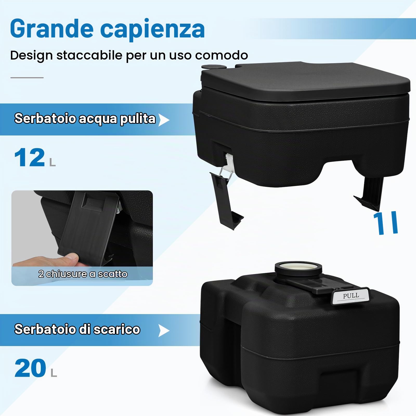 SOARS WC Portatile 20L, Bagno Chimico con 2 Serbatoi Rimovibili, Coperchio Anti-Odore, Maniglia, Carico Massimo 150 KG, Toilette Portatile per Campeggio, Viaggi, Auto, 36 X 42 X 43 CM (Nero)