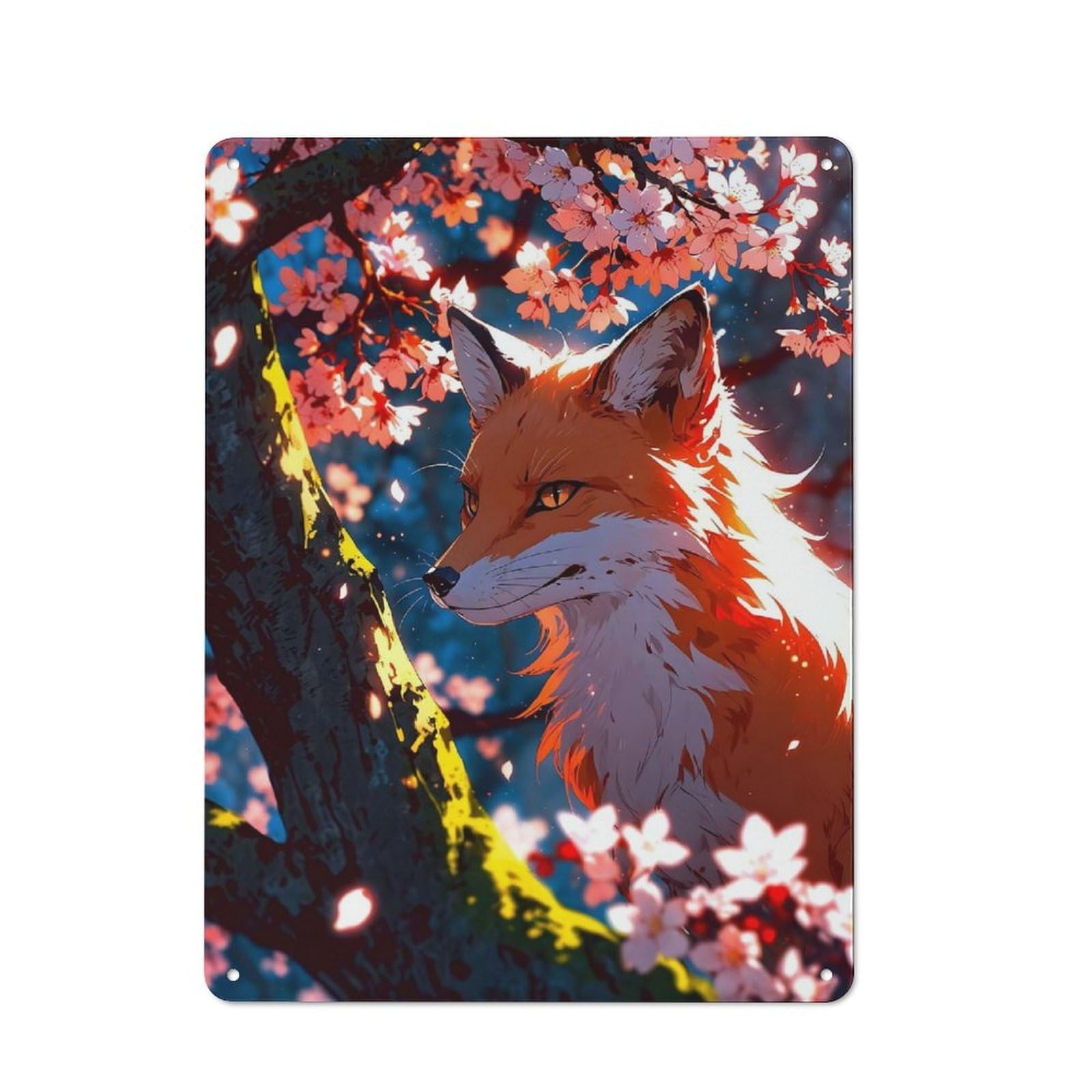 Junmoney Style-14 Vintage Metal Plaque 40X30cm Featuring Furious Fox Cherry Blossom For Hallway Wall, For Wall Display Collectors