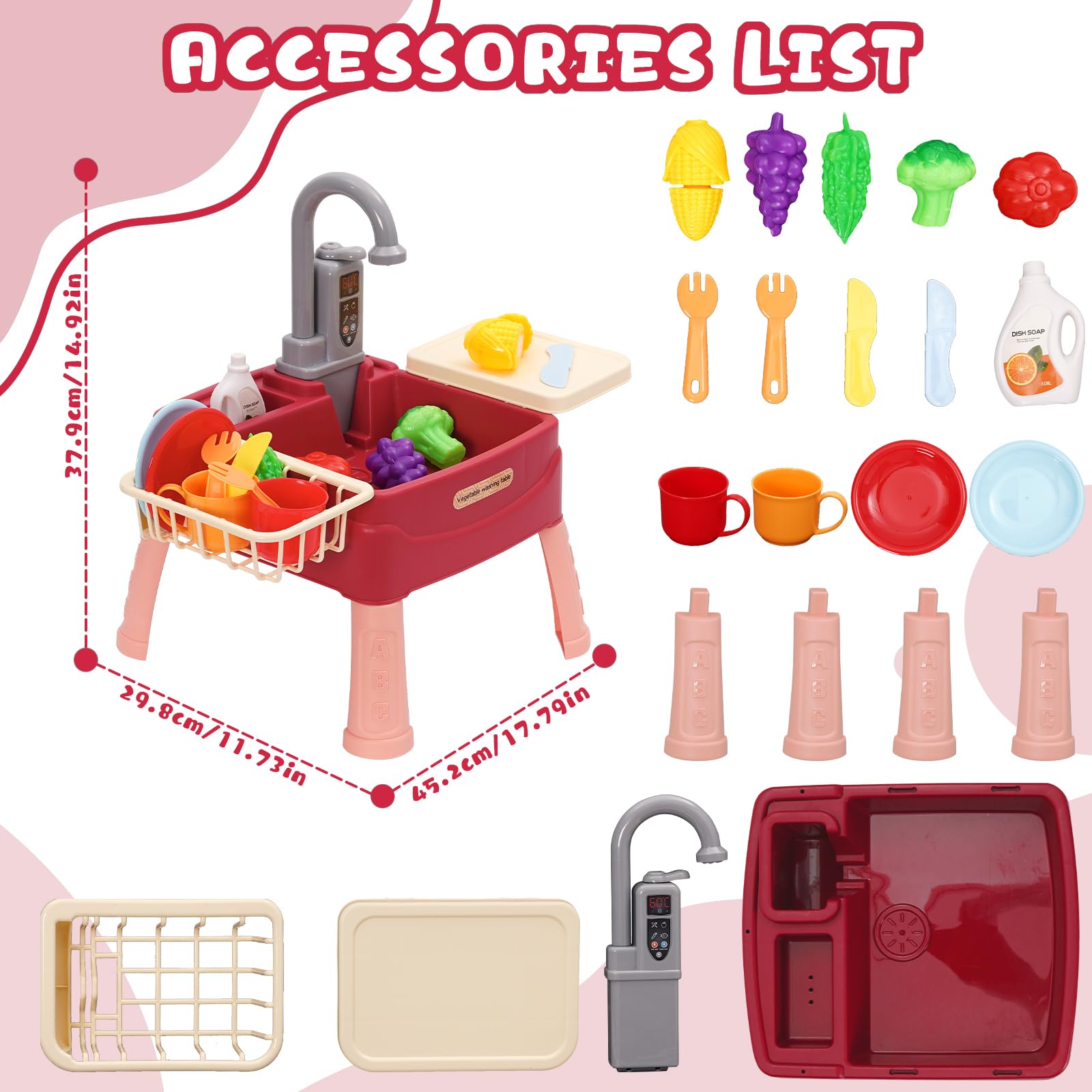 Jeu d’Évier de Cuisine pour Enfants avec Robinet à Recyclage d’Eau,Jouet de Rôle Incluant Légumes et Accessoires, Pompe à Eau Réaliste,Cadeau pour Filles Garçons dès 3 Ans