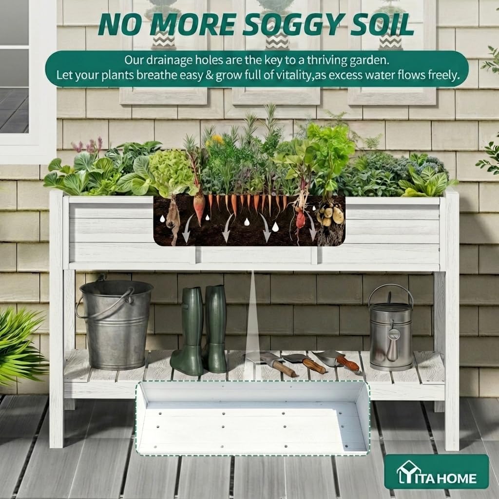 YITAHOME 48x18x30in Raised Garden Bed HDPE, Weather-Resistant Poly Lumber Planter Box with Legs & Storage Shelf, Elevated Garden Bed for Yard, Garden, Balcony - White