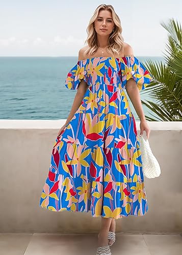 Vista 3 de GOLDSTITCH Vestido largo fruncido para mujer, cuello cuadrado, dobladillo con volantes, manga corta, vestido midi fluido