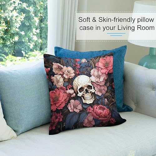 Miniatura 8 de Cojines Decorativos para Sala - Fundas de almohada con diseño de calavera negra con flores rosadas, cuadradas, suaves, de doble cara, para el hogar,