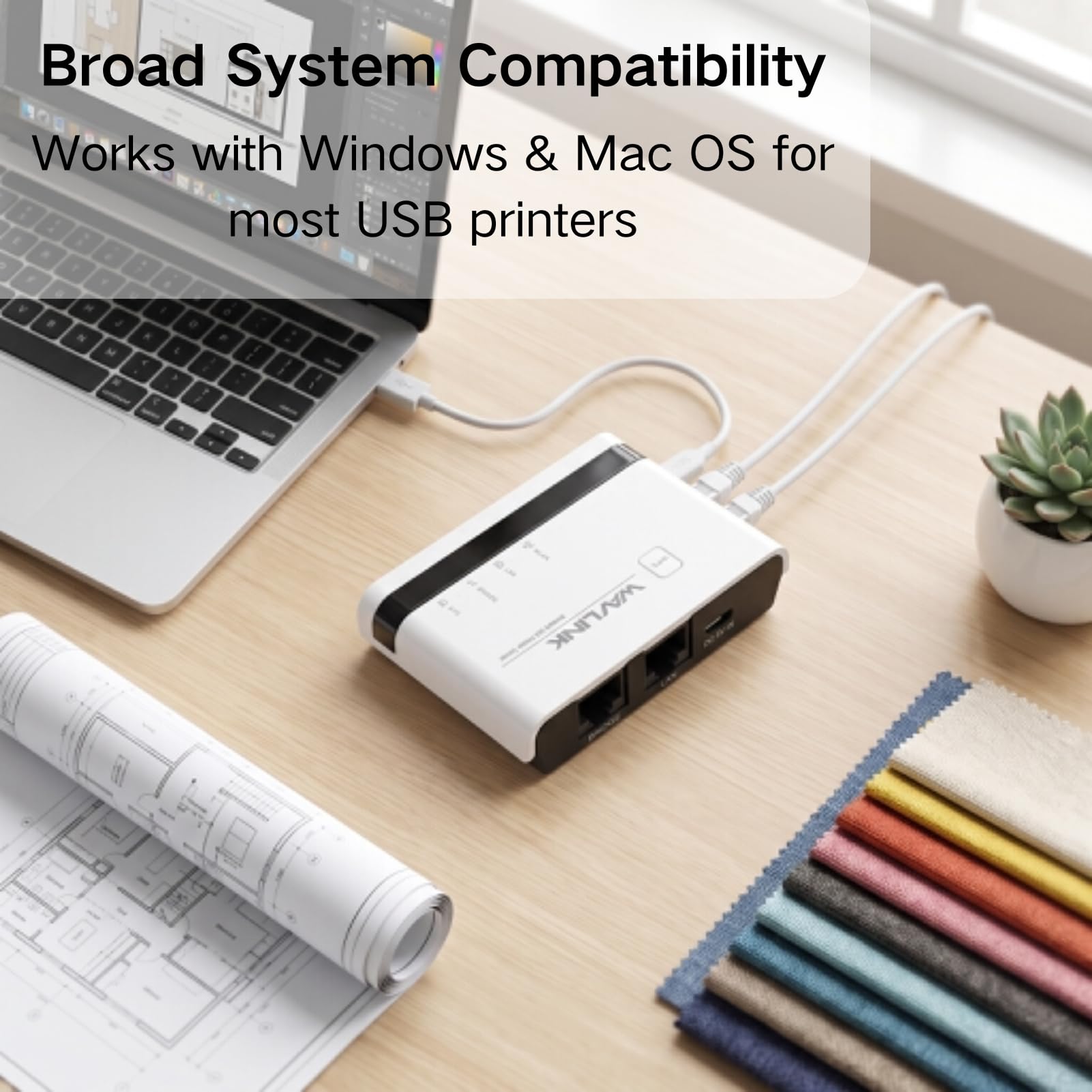 Serveur d'impression sans Fil, Partagez 4 Imprimantes USB sur LAN Via Ethernet ou WiFi, Plug and Play, Configuration Facile, Serveur d'impression sans Fil pour Une Utilisation en (Prise UE)