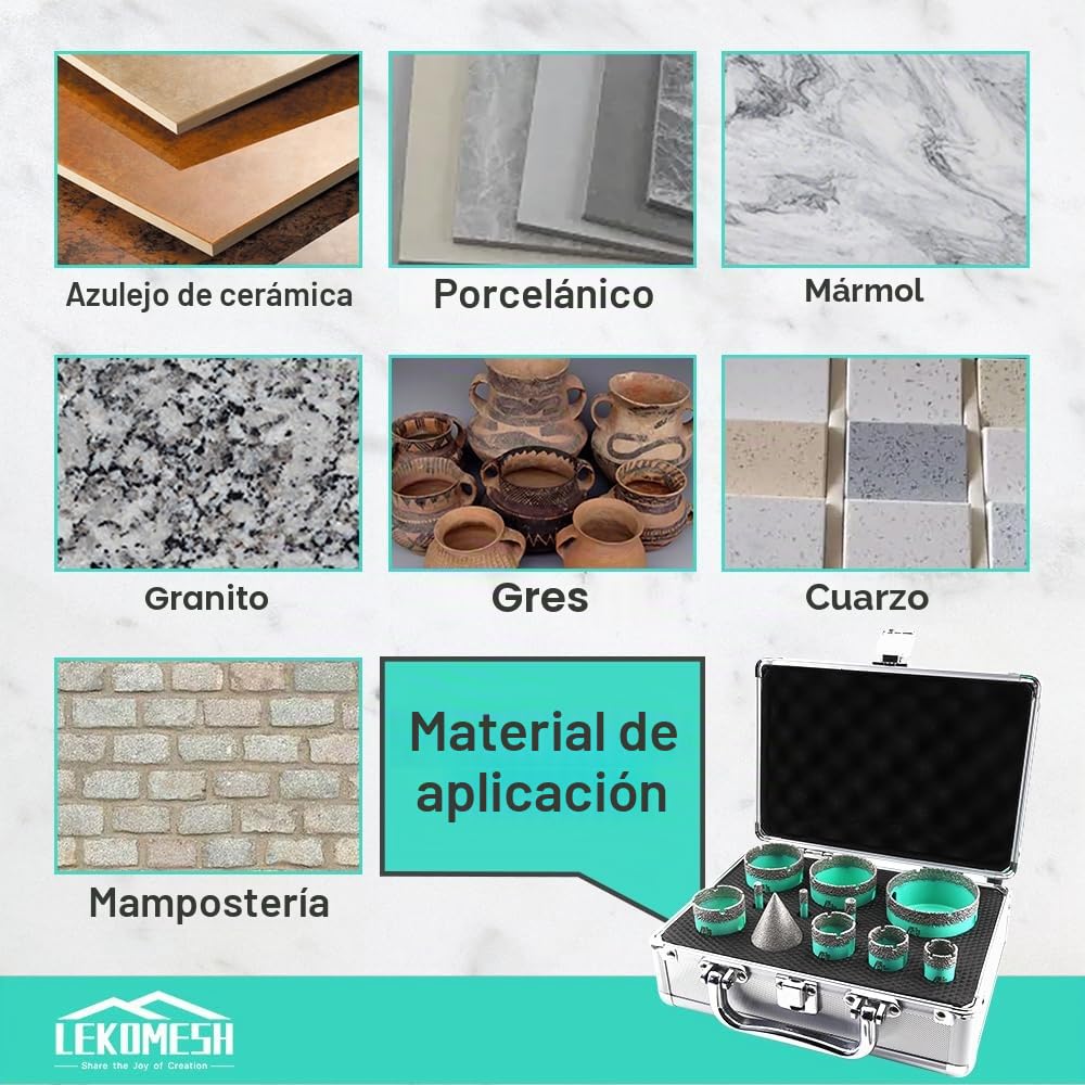 Kit de Broca de Diamante - 11piezas (6/6/8/20/25/28/35/45/50/65mm+35mm Broca Fresado Chaflán de Diamante) LEKOMESH,Vástago Triangular,para Porcelánico Cerámica Granito Mármol Mampostería Piedra