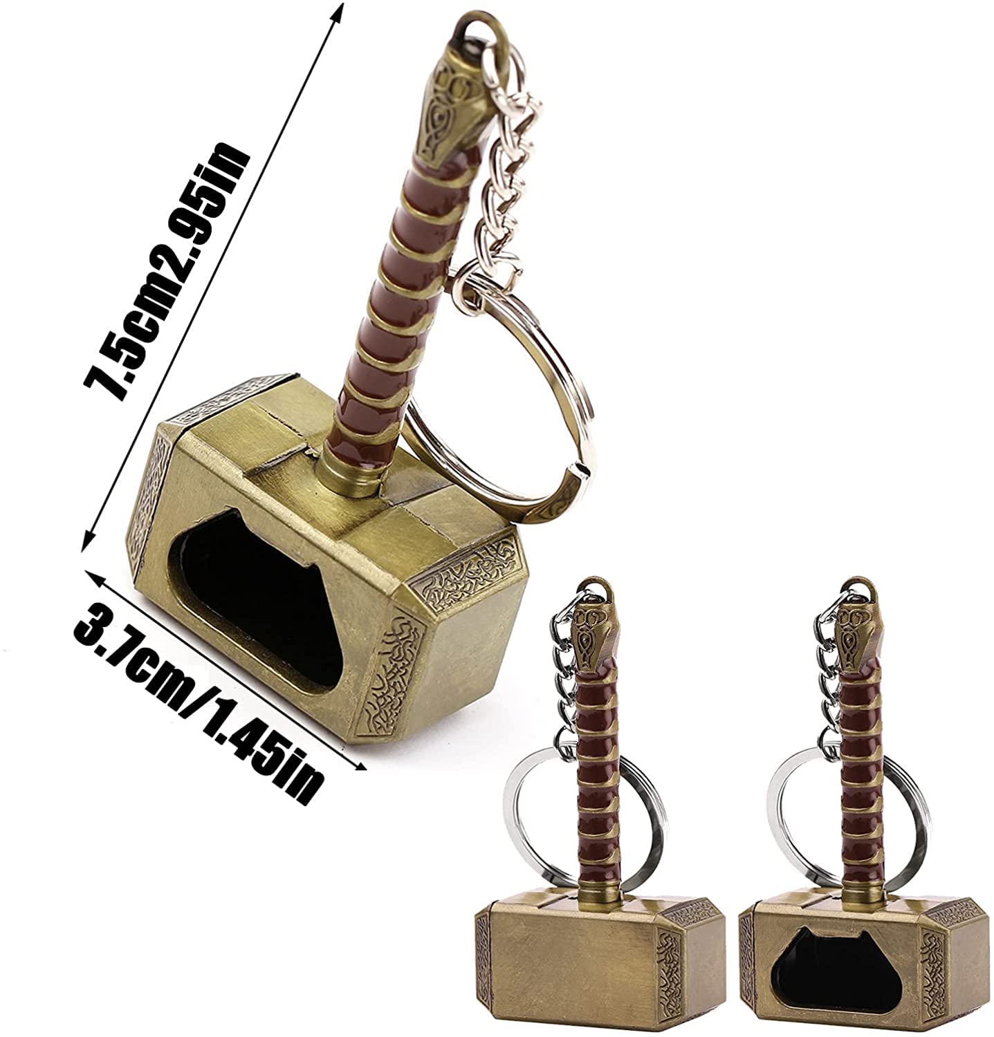 LATRAT 2 sztuki breloczków do kluczy, otwieracz do butelek, o wyglądzie stali nierdzewnej, młotek Thor Shaped otwieracz do butelek do baru / dekoracji domu i miłośników Marvela i piwa