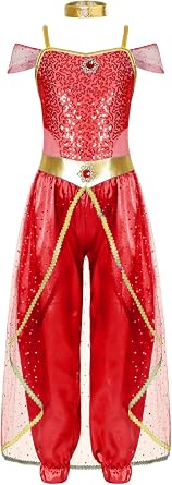 Kids Girls Arabian Princess Costume Halloween Cosplay Outfits Mesh Sequins Jumpsuits Fancy Dress Partywear