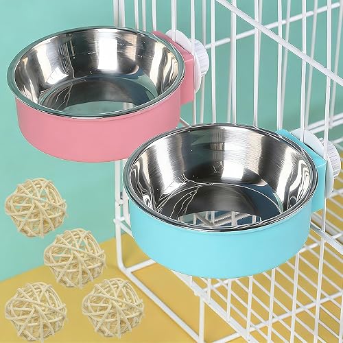 KAGEYMB 2PCS Cuenco Colgante para Jaula, Comedero Colgante Perro y Conejo con 4 Bolas de Mimbre