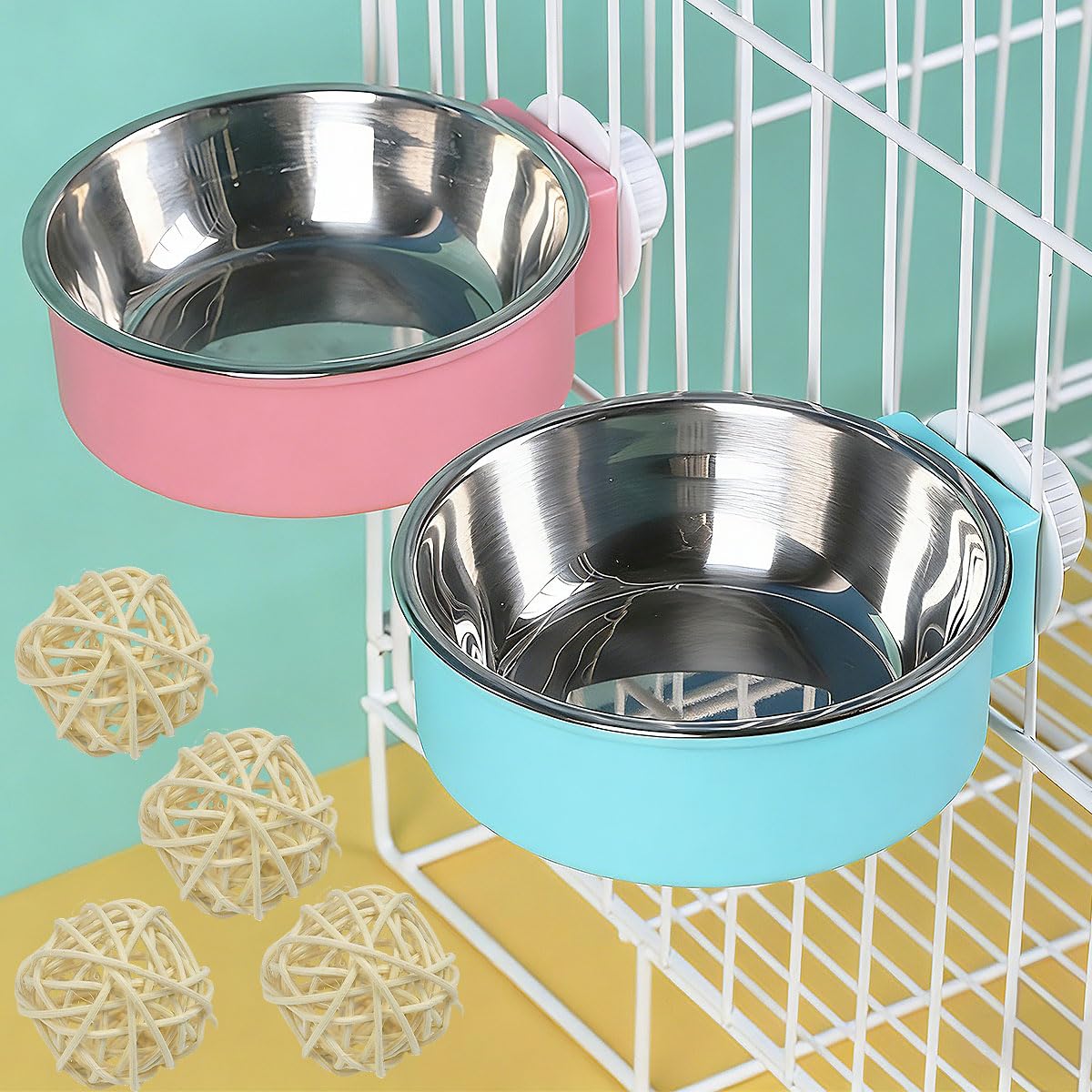 2PCS Cuenco Colgante para Jaula, Comedero Colgante Perro y Conejo con 4 Bolas de Mimbre, CuencoColgante 2 en 1 Extraíble de Acero Inoxidable para Hámster, Cobaya, Chinchilla y Animal Pequeño