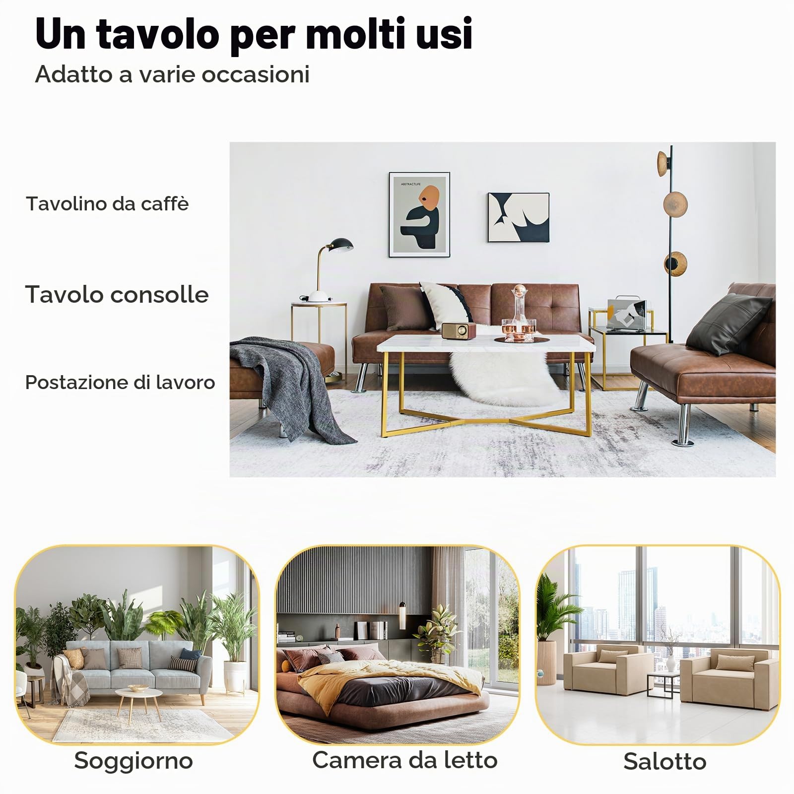 LIFEZEAL Tavolino da Salotto, Oro Bianco, con Effetto di Marmo, Tavolino da Caffè, Tavolino Basso da Divano, Moderno, Telaio in Acciaio, Max 95 kg, per Soggiorno, Montaggio Semplice, 107x60x45,5 cm