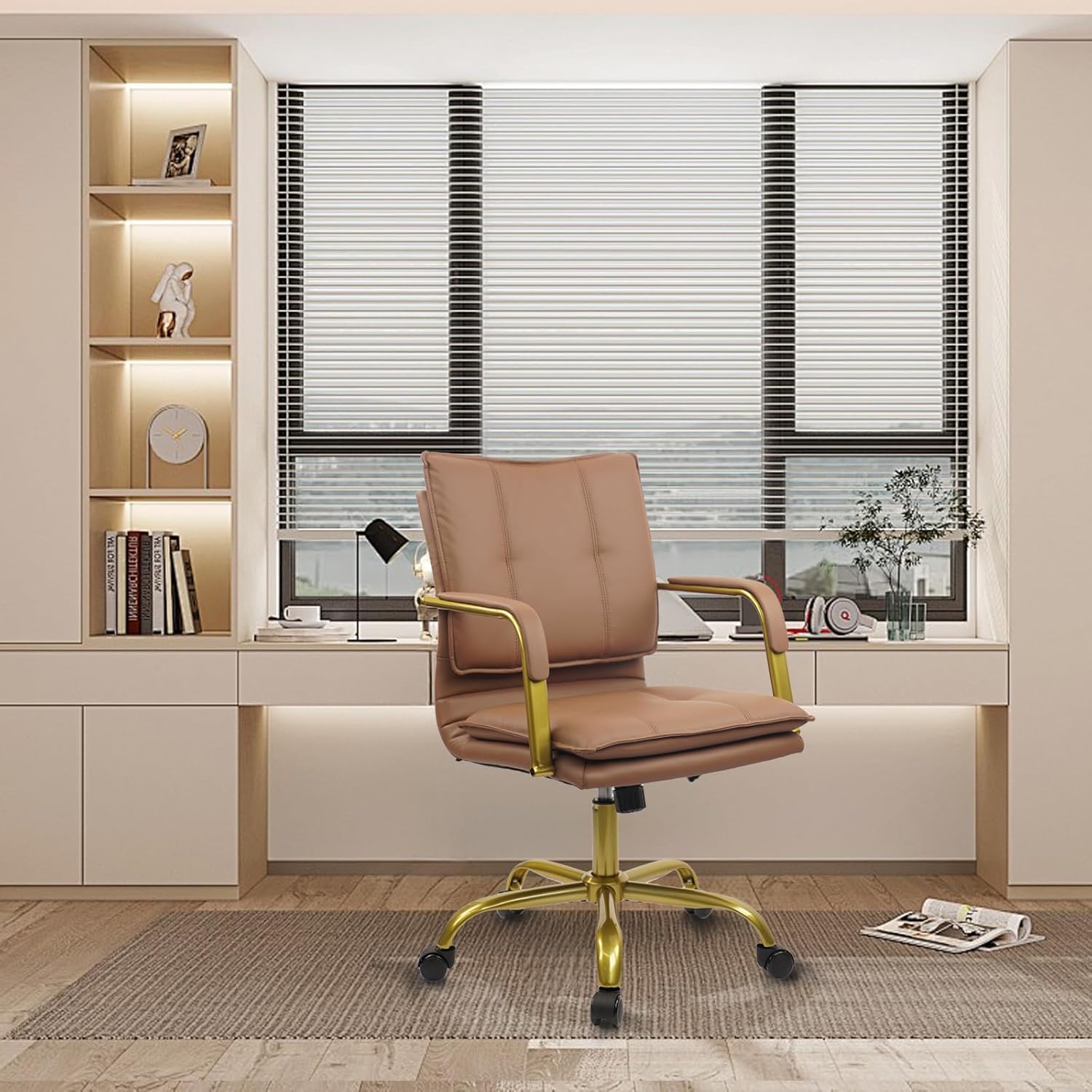 CLATINA Leather Home Office Desk Chairs, Swivel Mid-Back Computer Chair with Golden Legs and Arms, Comfy Upholstered Task Chair with Wheels, Brown