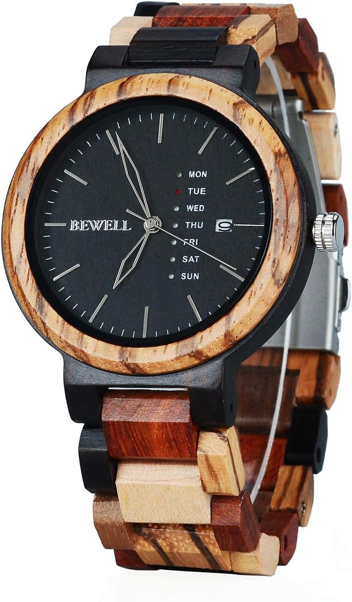 BEWELL Men's Colorful Wooden Watch Multifunction Day & Date Quartz Mix Wooden Wrist Watch Light Weight, Mixed Color Wood, Retro