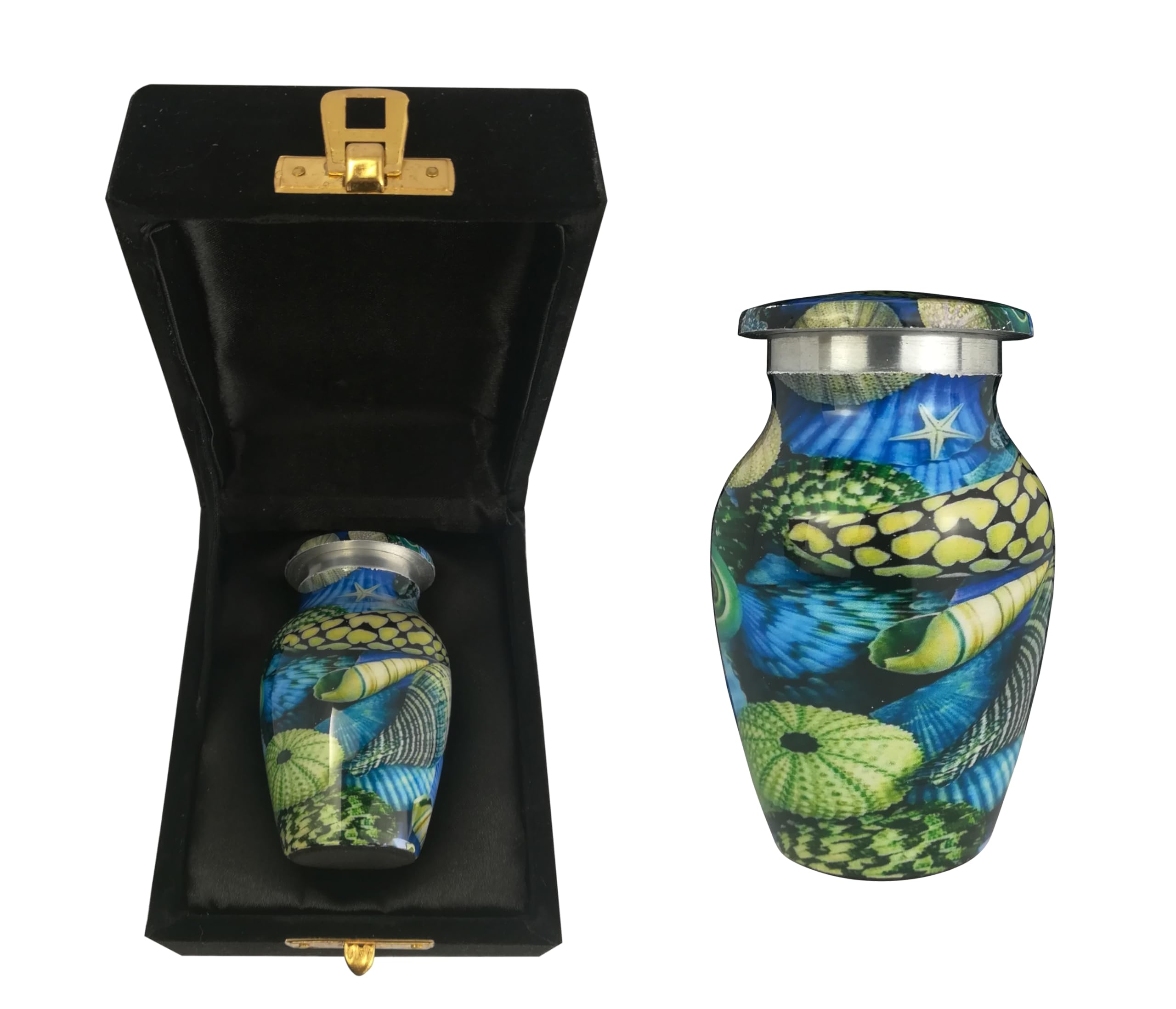 Keepsake Urns for Human Ashes and Pet Ashes Small Mini Cremation Metal Memorial Container Token with Presentation Case and Bag (Under the Sea)