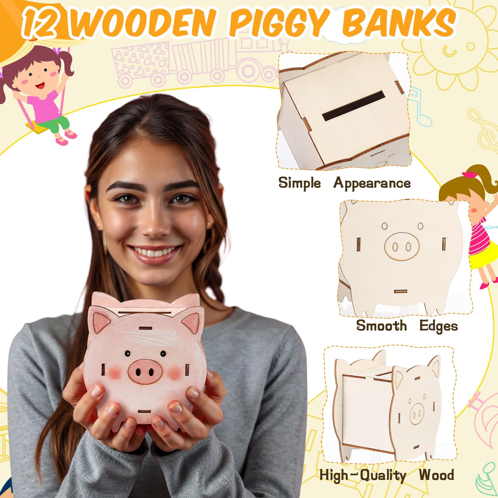 Weysat 24 Set DIY Holz Sparschwein Kit Unvollendete Schwein Münzen Banken Handwerk mit Farbstreifen Pinsel Palette Geld Sparbox Kleine Kleingeldbehälter Kunst Handwerk für Geburtstag Zuhause Festival