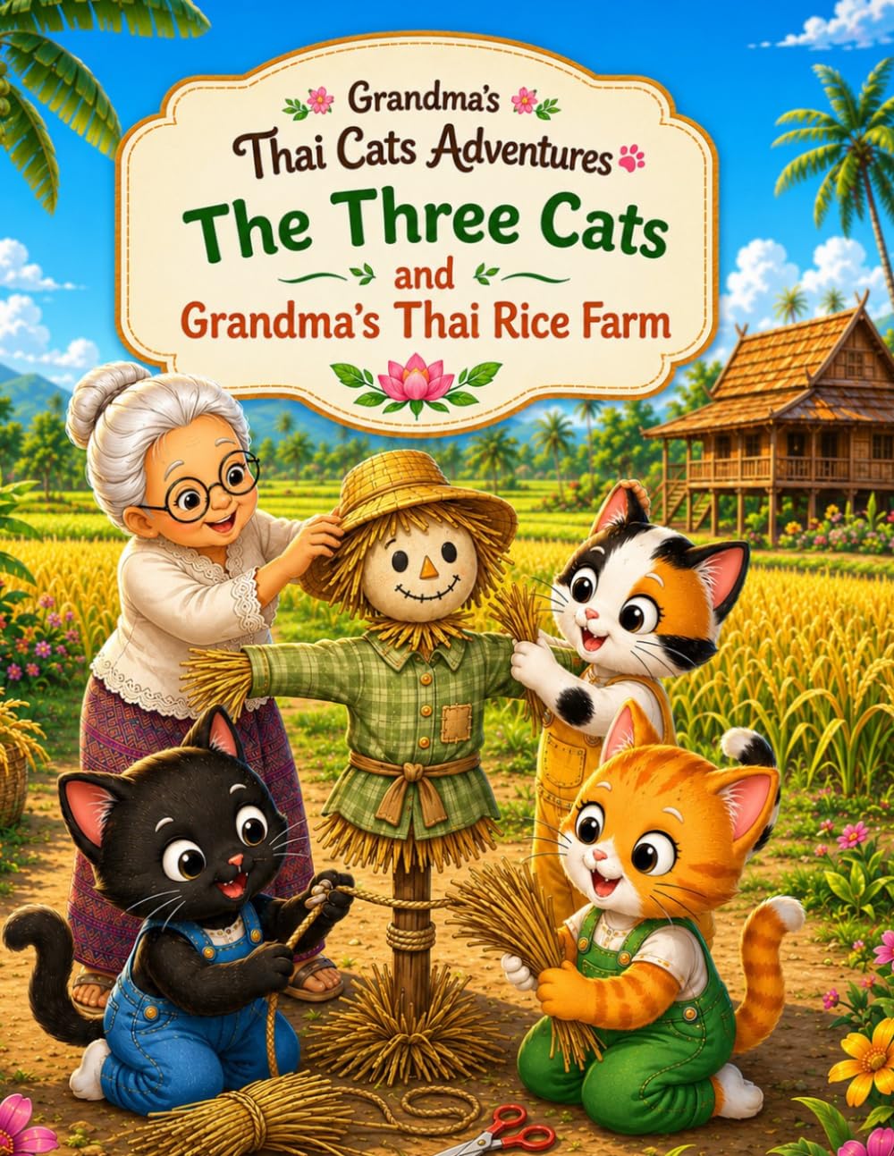 The Three Cats and Grandma's Thai Rice Farm: A Cute Cat Adventure and Thai Culture Coloring Book for Kids and Adults (Grandma's Thai Cats Adventures)